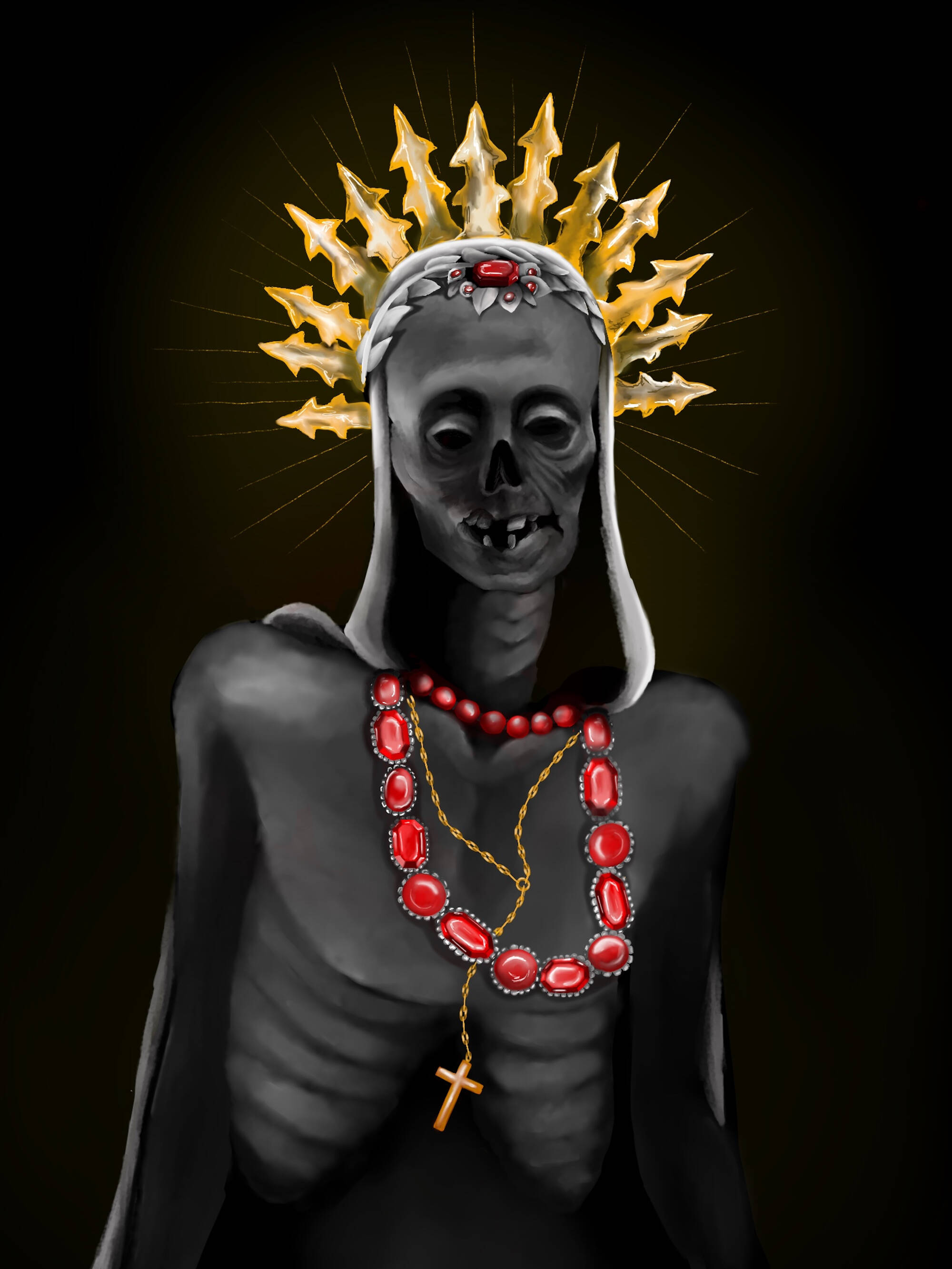 Digital illustration of a skeleton against a black background that wears a gold cross and crown and red jewels.
